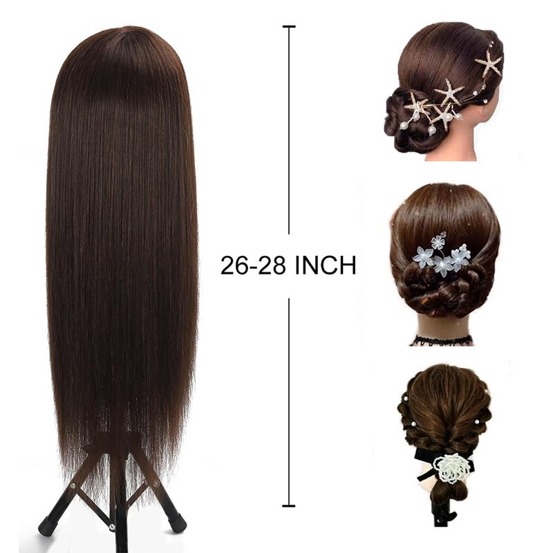 Opini 26 Inch Mannequin Head 80% Real Human Hair Styling Mannequin Doll Head Human Hair for Hairdresser Practice Hair and Makeup With Free Clamp (#4 No Makeup) - Image 5